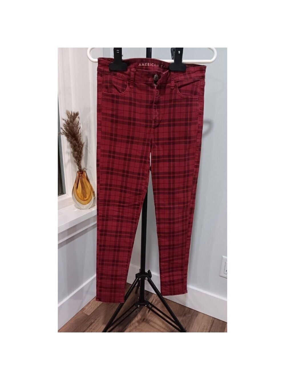 American Eagle Size 8 Jegging Jeans Hi-Rise Plaid Red Women In Excellent Cond.